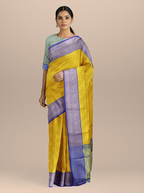 

BharatSthali Yellow & Blue Silk Cotton Woven Design Kanjeevaram Saree