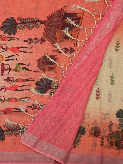 

Pothys Pink & Brown Linen Cotton Printed Saree