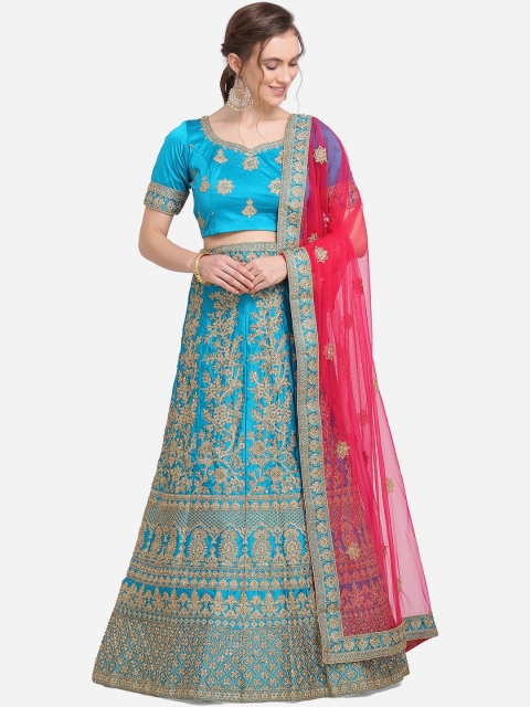

VRSALES Turquoise Blue & Red Embroidered Semi-Stitched Lehenga & Unstitched Blouse with Dupatta