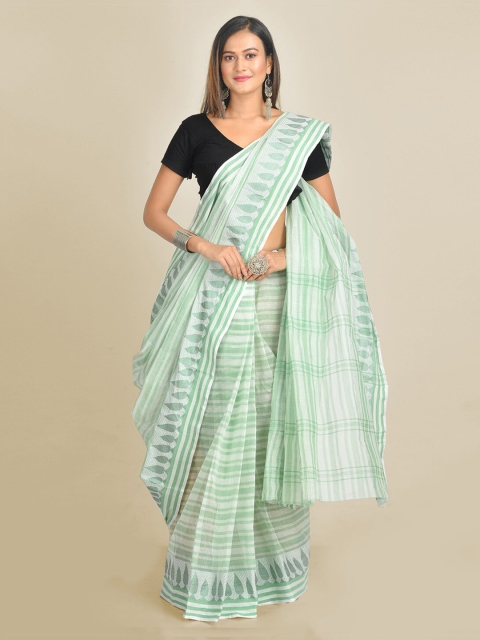 

Mitera Off-White & Green Pure Cotton Woven Design Handloom Taant Saree
