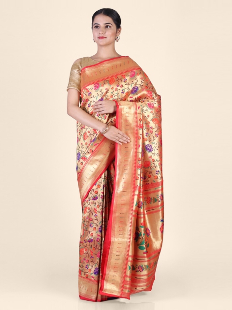

Hastakala Red & Gold-Toned Pure Silk Woven Design Paithani Saree