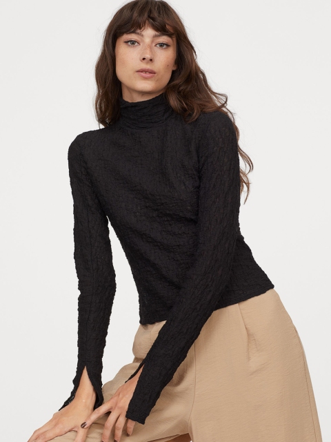 

H&M Women Black Long-Sleeved Polo-Neck Sweatshirt