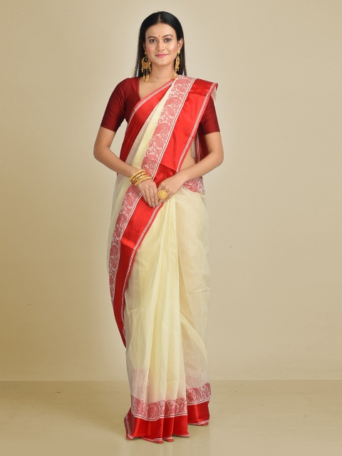 

Mitera Off-White & Red Pure Cotton Striped Taant Saree