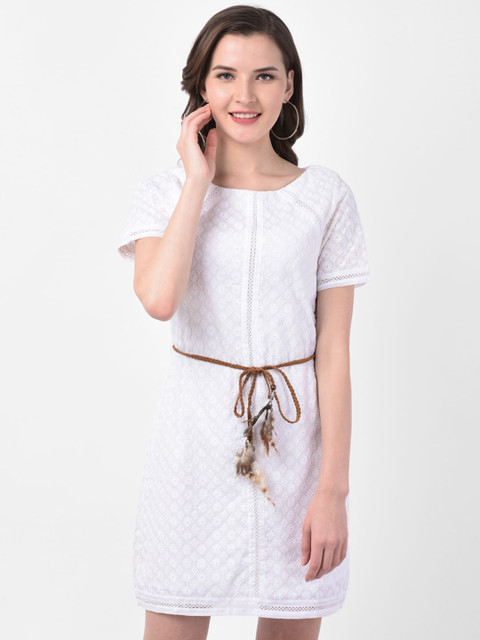 

Latin Quarters Women White Self Design A-Line Dress