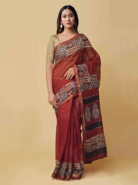 

Unnati Silks Maroon & Off-White Pure Cotton Solid Kota Saree