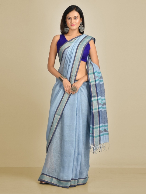 

Mitera Blue Solid Pure Linen Handloom Saree
