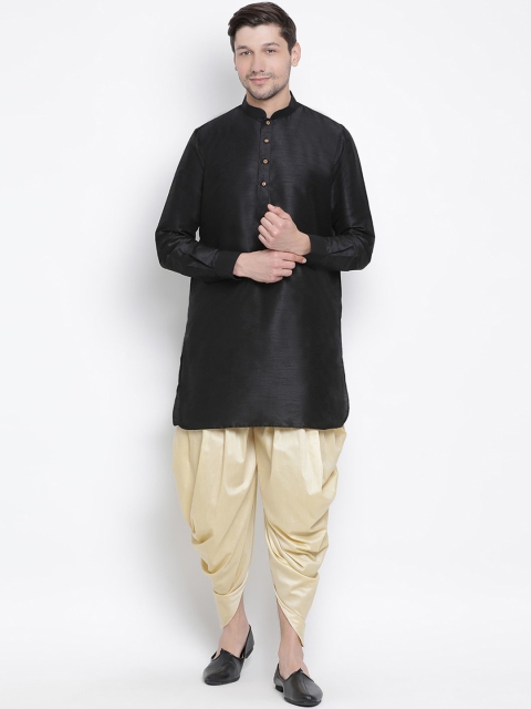 

VASTRAMAY Men Black & Gold-Toned Solid Kurta with Dhoti Pants