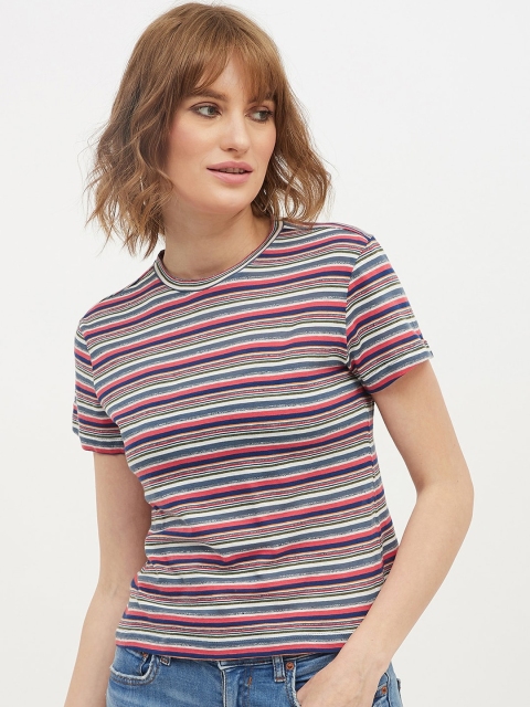 

Harpa Women Multicoloured Striped Round Neck T-shirt, Multi
