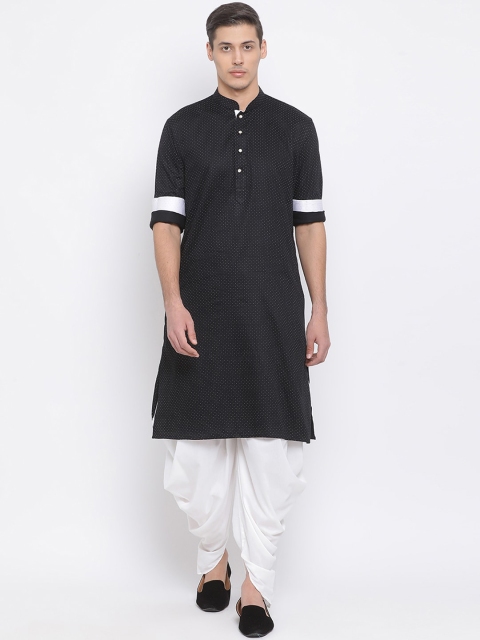 VASTRAMAY Men Black & White Printed Kurta with Dhoti Pants