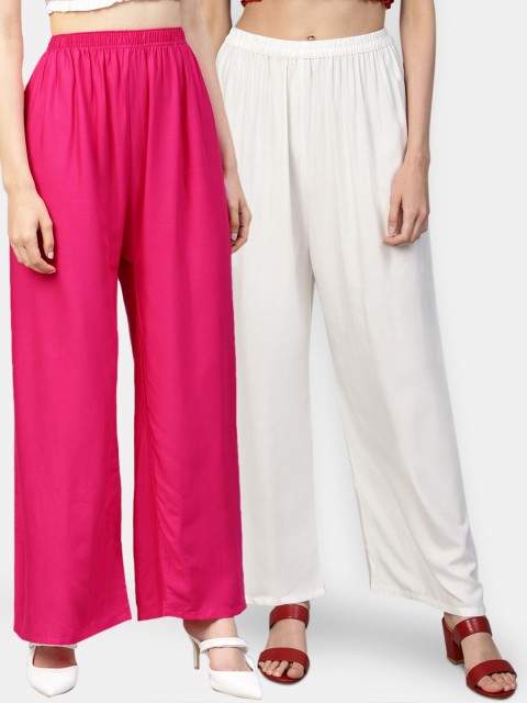 

Jompers Women Pack of 2 Off-White & Pink Solid Wide Leg Palazzos