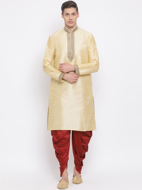 

VASTRAMAY Men Gold-Toned & Maroon Solid Kurta with Dhoti Pants