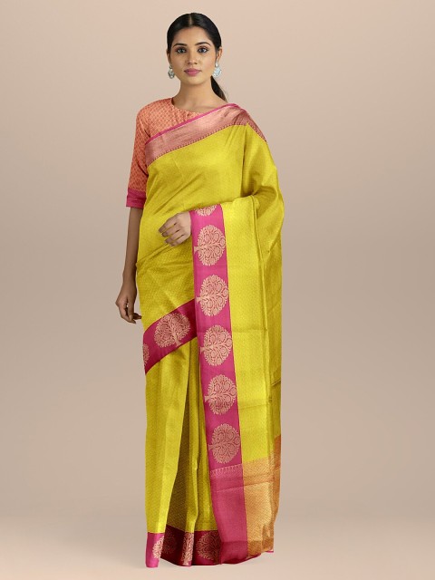

BharatSthali Yellow & Pink Silk Cotton Woven Design Kanjeevaram Saree