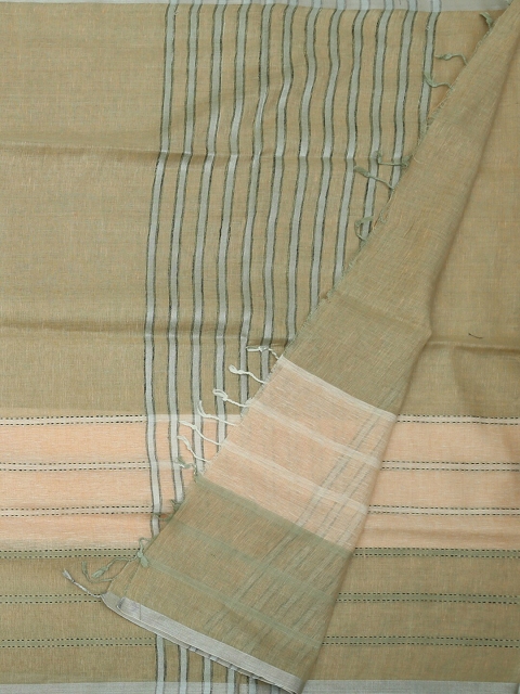 

Pothys Cream-Coloured & Green Pure Linen Striped Saree