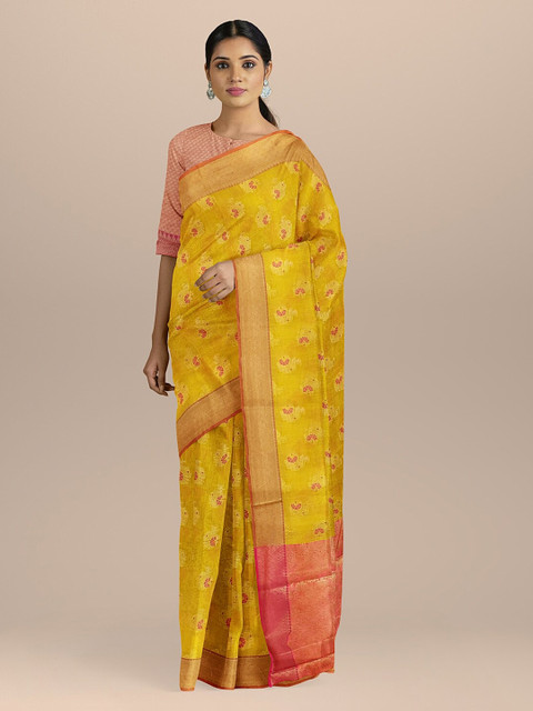 

BharatSthali Yellow & Red Silk Cotton Woven Design Banarasi Saree