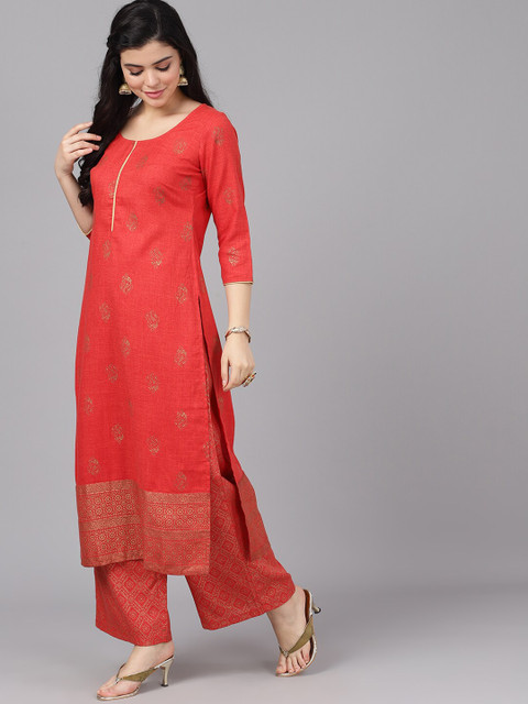 

AKS Women Red & Gold-Toned Printed Kurta with Palazzos