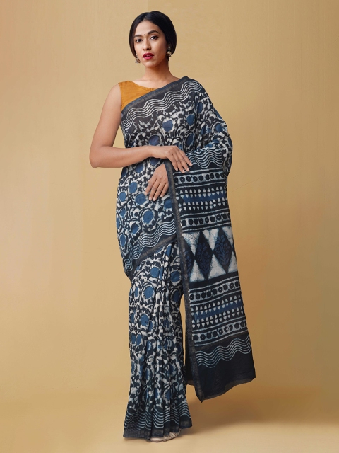 

Unnati Silks Navy Blue & White Silk Cotton Printed Chanderi Saree