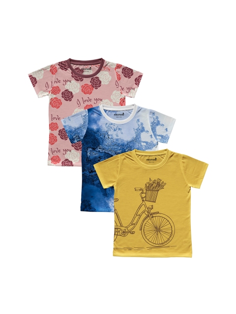 

mezmoda Girls Pack of 3 Printed Round Neck T-shirts, Yellow