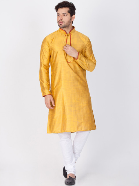 

VASTRAMAY Men Yellow & White Self Design Kurta with Churidar