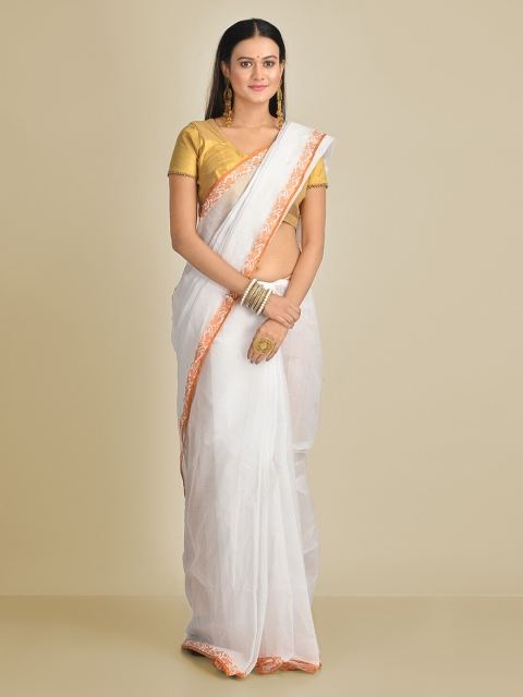 

Mitera White Pure Cotton Solid Taant Saree