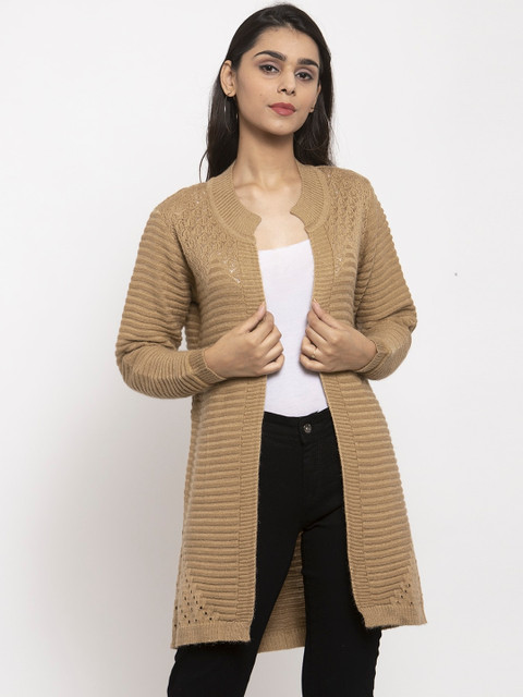 

VANYA Women Brown Ribbed Front-Open Sweater