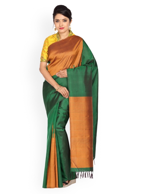 

Vijayalakshmi Silks Green & Bronze Pure Silk Colourblocked Kanjeevaram Saree
