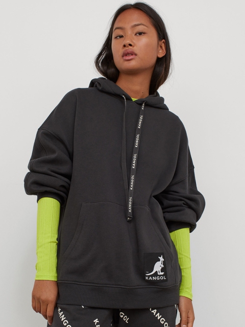 

H&M Women Black Printed Oversized Hoodie