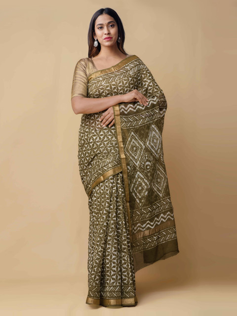 

Unnati Silks Green & White Pure Cotton Printed Kota Handloom Saree