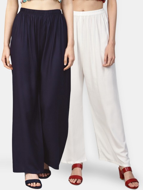 

Jompers Women Pack Of 2 Off-White & Navy Blue Solid Wide Leg Palazzos
