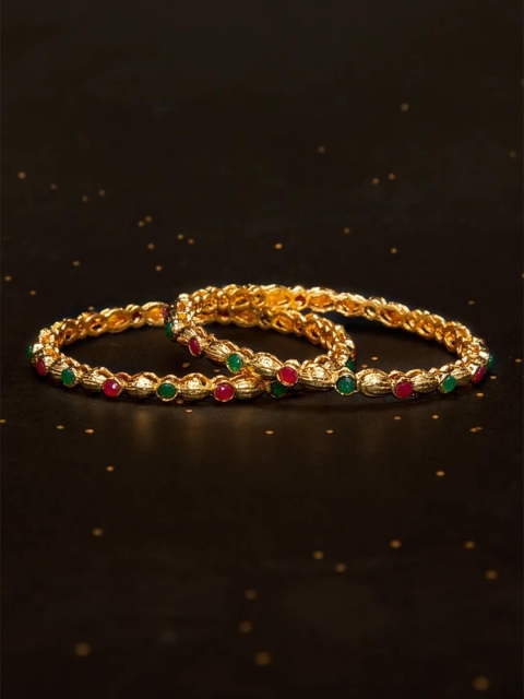 

Rubans Set Of 2 Gold-Plated Pink & Green Faux Ruby & Emerald Studded Handcrafted Bangles