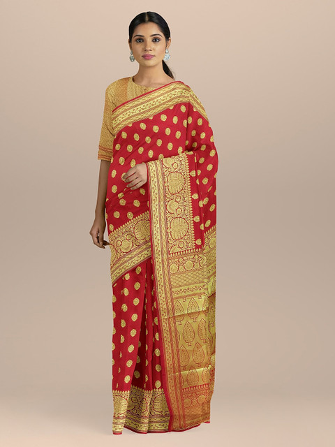 

BharatSthali Red & Gold-Coloured Silk Cotton Woven Design Saree