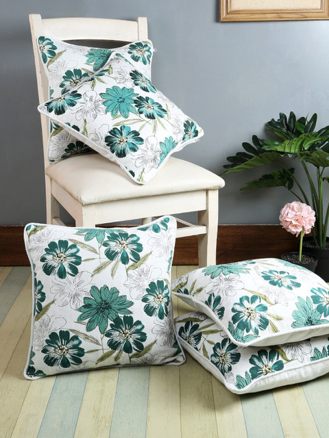 

Soumya White & Turquoise Blue Set of 5 Floral Square Cushion Covers