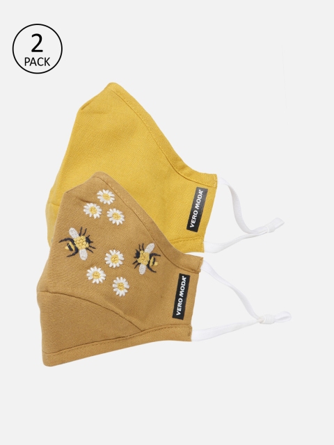 

Vero Moda Pack of 2 Yellow Embroidered 3PLY Anti-Bacterial Mask, Brown