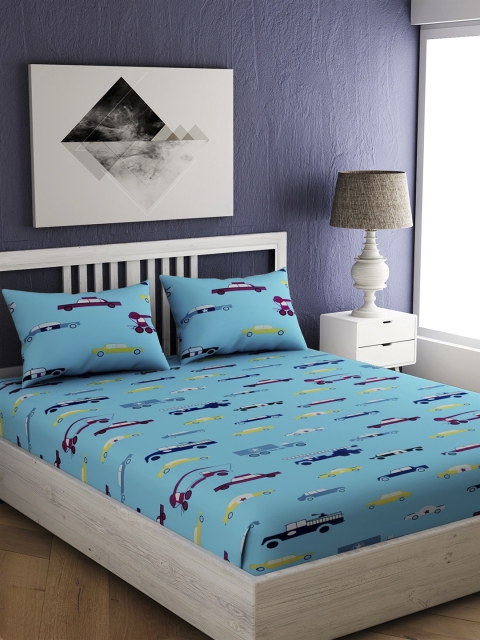 

EverHOME Blue & Yellow Conversational 144 TC Cotton 1 Queen Bedsheet with 2 Pillow Covers