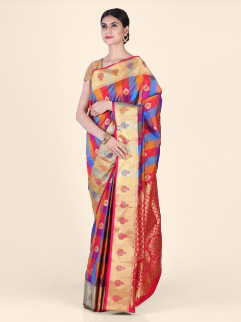 

Hastakala Multicoloured Silk Blend Checked Kanjeevaram Saree, Multi