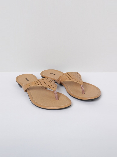 

max Women Beige Textured T-Strap Flats