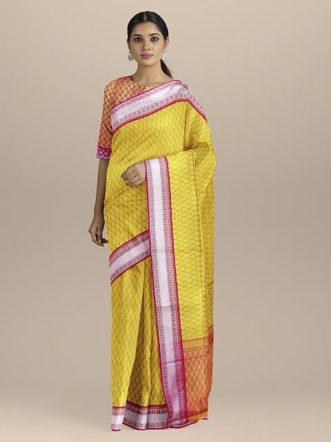 

BharatSthali Yellow & Pink Silk Cotton Checked Kanjeevaram Sustainable Saree