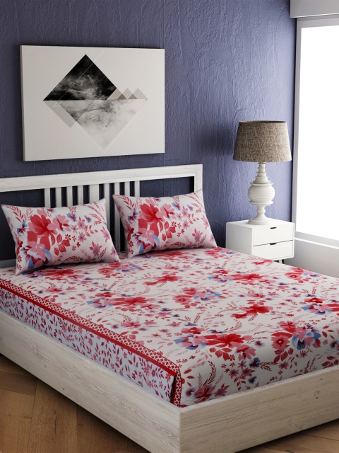 

EverHOME Red & Blue Floral 144 TC Cotton 1 Queen Bedsheet with 2 Pillow Covers