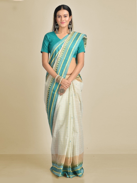 

Mitera Off-White & Sea Green Pure Cotton Checked Taant Handloom Saree