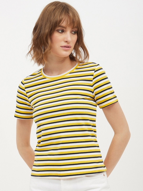 

Harpa Women Yellow & Black Striped Round Neck T-shirt