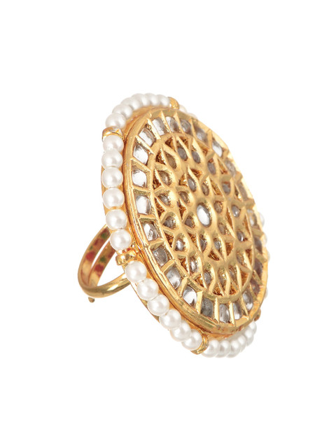 INDYA Gold-Plated & White Kundan Beaded Circular Ring