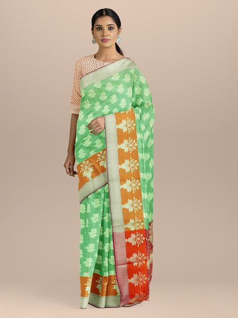 

BharatSthali Green & Off-White Silk Cotton Woven Design Patola Sustainable Saree