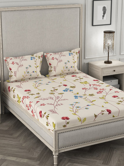 

URBAN SPACE Cream-Coloured & Pink Floral 120 TC Cotton 1 Queen Bedsheet with 2 Pillow Covers