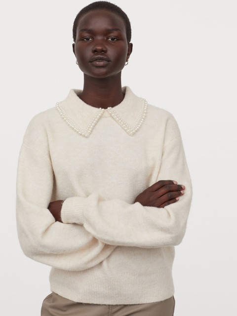 

H&M Women Cream-Coloured Solid Collared Sweater