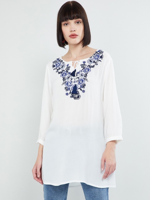 

max Women Off-White & Navy Blue Embroidered Tunic