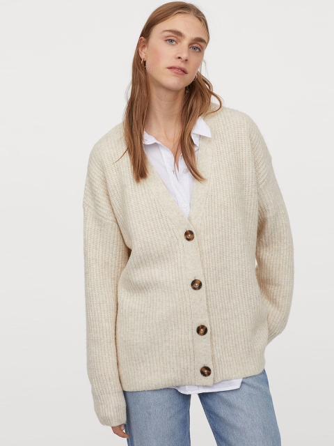 

H&M Women Beige Rib-Knit Cardigan