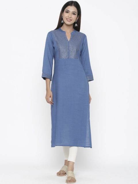 

Silai Bunai Women Blue Embroidered Straight Kurta
