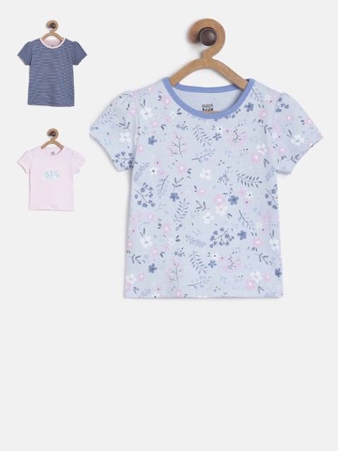 

MINI KLUB Girls Pack Of 3 Printed Pure Cotton Tops, Blue