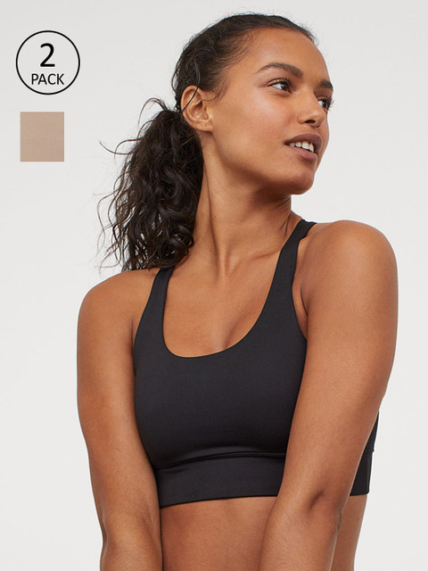 

H&M Women Beige & Black 2 Sports Bras Medium Support 0865086004