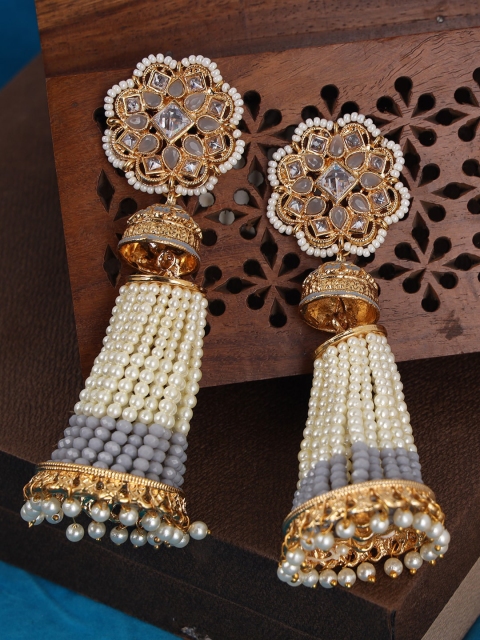 

ANIKAS CREATION Grey Gold-Plated Floral Jhumkas