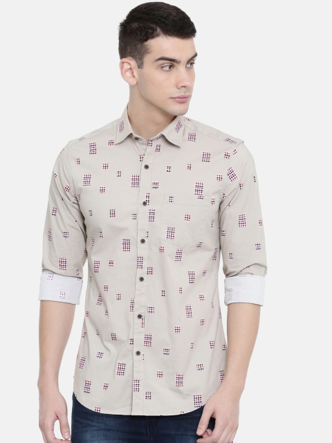 

IMYOUNG Men Grey & Pink Slim Fit Printed Casual Shirt